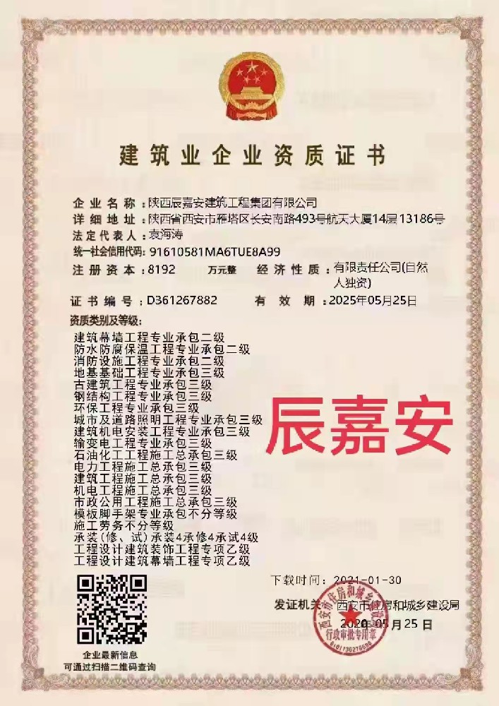 陜西辰嘉安建筑工程集團(tuán)有限公司證書