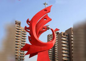 城市創意抽象玻璃鋼紅色鳳凰雕塑